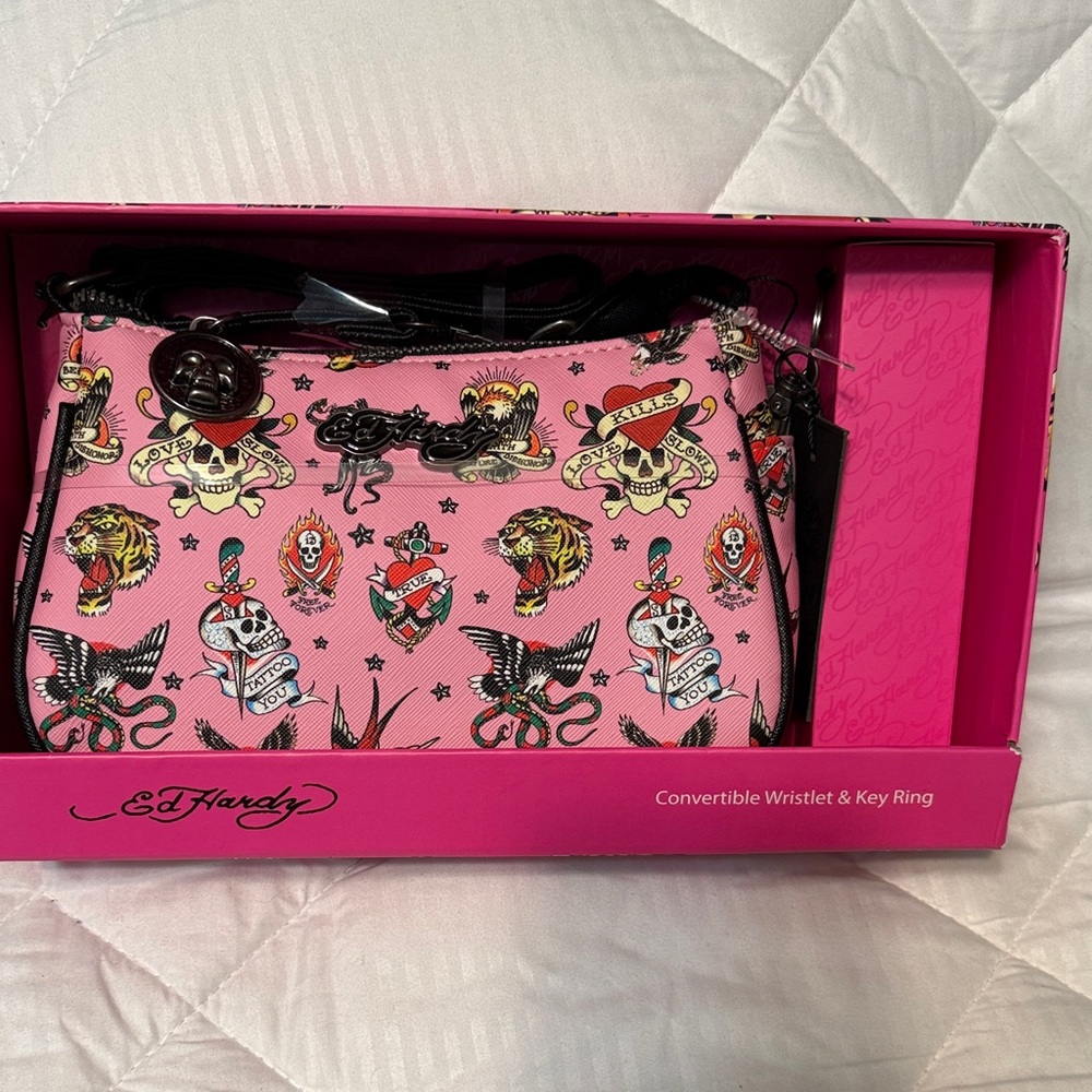 Ed Hardy Pink Tattoo Print Convertible Wristlet
